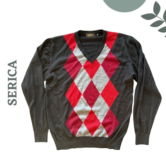 🛍️3/$40 Serica Made in Italy Merino Wool Argyle Sweater Black Red Extra Large XL - Picture 1 of 4